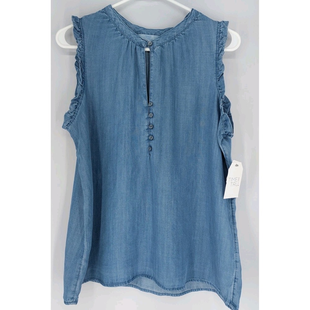 Time and Tru Denim Colored Ruffle Trim Tank Top‎ Womens Medium (8-10) Button Up